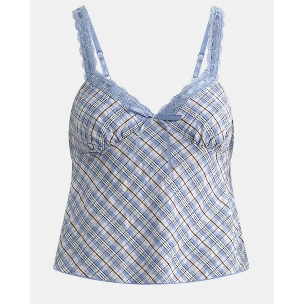 No Boundaries Lace Trim Plaid Sweetheart Coquette Cami Top Blue XS‎ (0-2) NWT